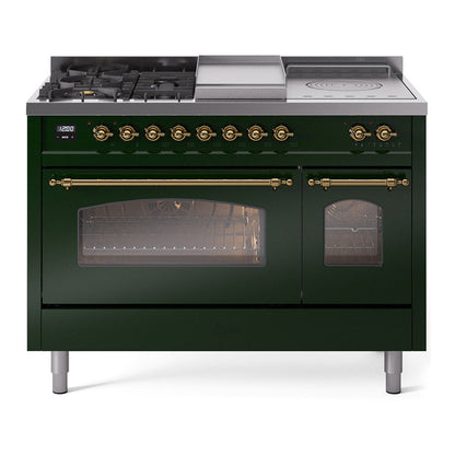 ILVE Nostalgie II 48-Inch Dual Fuel Range with 5 Sealed Burners + Griddle + French Top, 5.02 cu. ft. Oven, Emerald Green with Brass Trim, Liquid Propane, Triple Glass Door, UP48FSNMPEGGLP