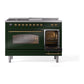 ILVE Nostalgie II 48-Inch Dual Fuel Range with 5 Sealed Burners + Griddle + French Top, 5.02 cu. ft. Oven, Emerald Green with Brass Trim, Natural Gas, Triple Glass Door, UP48FSNMPEGG