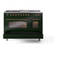ILVE Nostalgie II 48-Inch Dual Fuel Range with 5 Sealed Burners + Griddle + French Top, 5.02 cu. ft. Oven, Emerald Green with Brass Trim, Natural Gas, Triple Glass Door, UP48FSNMPEGG