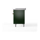ILVE Nostalgie II 48-Inch Dual Fuel Range with 5 Sealed Burners + Griddle + French Top, 5.02 cu. ft. Oven, Emerald Green with Brass Trim, Natural Gas, Triple Glass Door, UP48FSNMPEGG