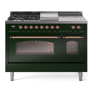 ILVE Nostalgie II 48-Inch Dual Fuel Range with 5 Sealed Burners + Griddle + French Top, 5.02 cu. ft. Oven, Emerald Green with Copper Trim, Natural Gas, Triple Glass Door, UP48FSNMPEGP