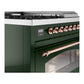 ILVE Nostalgie II 48-Inch Dual Fuel Range with 5 Sealed Burners + Griddle + French Top, 5.02 cu. ft. Oven, Emerald Green with Copper Trim, Natural Gas, Triple Glass Door, UP48FSNMPEGP