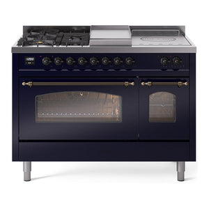 ILVE Nostalgie II 48-Inch Dual Fuel Range with 5 Sealed Burners + Griddle + French Top, 5.02 cu. ft. Oven, Midnight Blue with Burnished Trim, Natural Gas, Triple Glass Door, UP48FSNMPMBB
