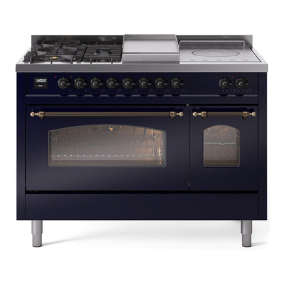 ILVE Nostalgie II 48-Inch Dual Fuel Range with 5 Sealed Burners + Griddle + French Top, 5.02 cu. ft. Oven, Midnight Blue with Burnished Trim, Natural Gas, Triple Glass Door, UP48FSNMPMBB