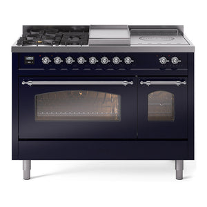 ILVE Nostalgie II 48-Inch Dual Fuel Range with 5 Sealed Burners + Griddle + French Top, 5.02 cu. ft. Oven, Midnight Blue with Chrome Trim, Liquid Propane, Triple Glass Door, UP48FSNMPMBCLP