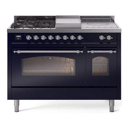ILVE Nostalgie II 48-Inch Dual Fuel Range with 5 Sealed Burners + Griddle + French Top, 5.02 cu. ft. Oven, Midnight Blue with Chrome Trim, Liquid Propane, Triple Glass Door, UP48FSNMPMBCLP