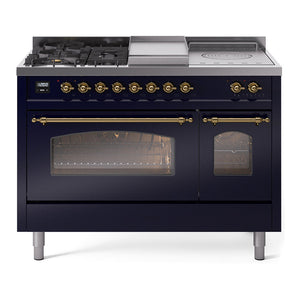 ILVE Nostalgie II 48-Inch Dual Fuel Range with 5 Sealed Burners + Griddle + French Top, 5.02 cu. ft. Oven, Midnight Blue with Brass Trim, Liquid Propane, Triple Glass Door, UP48FSNMPMBGLP