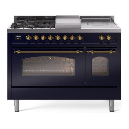 ILVE Nostalgie II 48-Inch Dual Fuel Range with 5 Sealed Burners + Griddle + French Top, 5.02 cu. ft. Oven, Midnight Blue with Brass Trim, Liquid Propane, Triple Glass Door, UP48FSNMPMBGLP