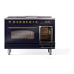 ILVE Nostalgie II 48-Inch Dual Fuel Range with 5 Sealed Burners + Griddle + French Top, 5.02 cu. ft. Oven, Midnight Blue with Brass Trim, Liquid Propane, Triple Glass Door, UP48FSNMPMBGLP