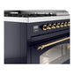 ILVE Nostalgie II 48-Inch Dual Fuel Range with 5 Sealed Burners + Griddle + French Top, 5.02 cu. ft. Oven, Midnight Blue with Brass Trim, Liquid Propane, Triple Glass Door, UP48FSNMPMBGLP