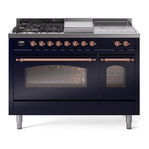 ILVE Nostalgie II 48-Inch Dual Fuel Range with 5 Sealed Burners + Griddle + French Top, 5.02 cu. ft. Oven, Midnight Blue with Copper Trim, Liquid Propane, Triple Glass Door, UP48FSNMPMBPLP