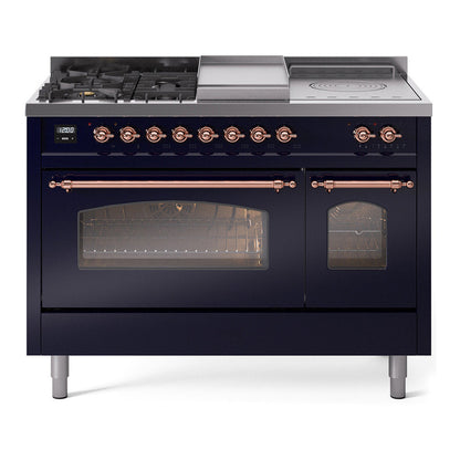 ILVE Nostalgie II 48-Inch Dual Fuel Range with 5 Sealed Burners + Griddle + French Top, 5.02 cu. ft. Oven, Midnight Blue with Copper Trim, Liquid Propane, Triple Glass Door, UP48FSNMPMBPLP