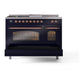 ILVE Nostalgie II 48-Inch Dual Fuel Range with 5 Sealed Burners + Griddle + French Top, 5.02 cu. ft. Oven, Midnight Blue with Copper Trim, Liquid Propane, Triple Glass Door, UP48FSNMPMBPLP