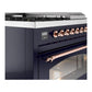 ILVE Nostalgie II 48-Inch Dual Fuel Range with 5 Sealed Burners + Griddle + French Top, 5.02 cu. ft. Oven, Midnight Blue with Copper Trim, Liquid Propane, Triple Glass Door, UP48FSNMPMBPLP