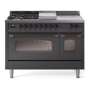ILVE Nostalgie II 48-Inch Dual Fuel Range with 5 Sealed Burners + Griddle + French Top, 5.02 cu. ft. Oven, Graphite Matte with Burnished Trim, Liquid Propane, Triple Glass Door, UP48FSNMPMGBLP
