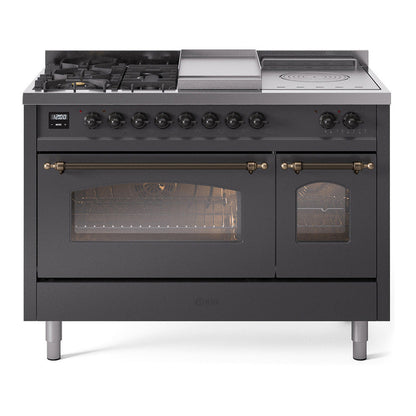 ILVE Nostalgie II 48-Inch Dual Fuel Range with 5 Sealed Burners + Griddle + French Top, 5.02 cu. ft. Oven, Graphite Matte with Burnished Trim, Liquid Propane, Triple Glass Door, UP48FSNMPMGBLP