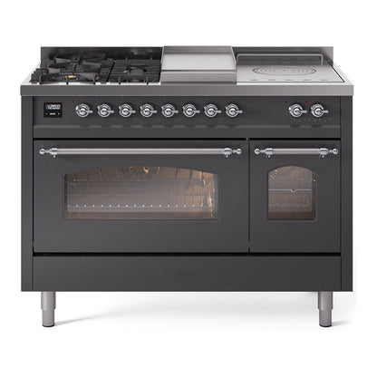 ILVE Nostalgie II 48-Inch Dual Fuel Range with 5 Sealed Burners + Griddle + French Top, 5.02 cu. ft. Oven, Graphite Matte with Chrome Trim, Natural Gas, Triple Glass Door, UP48FSNMPMGC