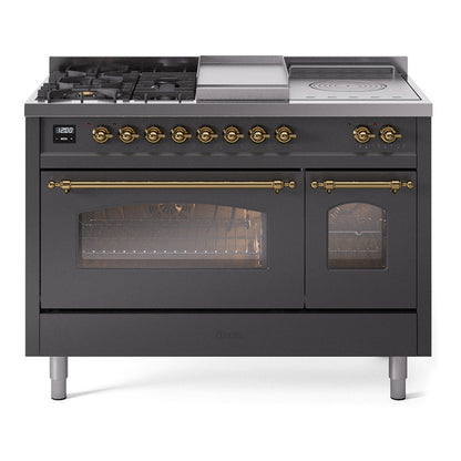 ILVE Nostalgie II 48-Inch Dual Fuel Range with 5 Sealed Burners + Griddle + French Top, 5.02 cu. ft. Oven, Graphite Matte with Brass Trim, Liquid Propane, Triple Glass Door, UP48FSNMPMGGLP