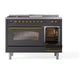 ILVE Nostalgie II 48-Inch Dual Fuel Range with 5 Sealed Burners + Griddle + French Top, 5.02 cu. ft. Oven, Graphite Matte with Brass Trim, Natural Gas, Triple Glass Door, UP48FSNMPMGG