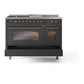 ILVE Nostalgie II 48-Inch Dual Fuel Range with 5 Sealed Burners + Griddle + French Top, 5.02 cu. ft. Oven, Graphite Matte with Brass Trim, Natural Gas, Triple Glass Door, UP48FSNMPMGG