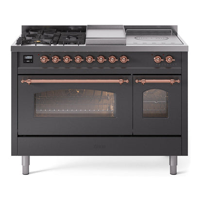 ILVE Nostalgie II 48-Inch Dual Fuel Range with 5 Sealed Burners + Griddle + French Top, 5.02 cu. ft. Oven, Graphite Matte with Copper Trim, Liquid Propane, Triple Glass Door, UP48FSNMPMGPLP