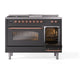 ILVE Nostalgie II 48-Inch Dual Fuel Range with 5 Sealed Burners + Griddle + French Top, 5.02 cu. ft. Oven, Graphite Matte with Copper Trim, Liquid Propane, Triple Glass Door, UP48FSNMPMGPLP