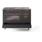ILVE Nostalgie II 48-Inch Dual Fuel Range with 5 Sealed Burners + Griddle + French Top, 5.02 cu. ft. Oven, Graphite Matte with Copper Trim, Natural Gas, Triple Glass Door, UP48FSNMPMGP