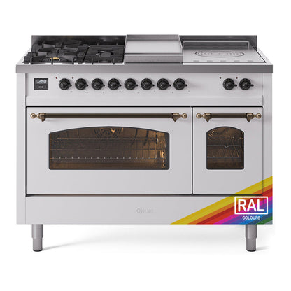 ILVE Nostalgie II 48-Inch Dual Fuel Range with 5 Sealed Burners + Griddle + French Top, 5.02 cu. ft. Oven, RAL with Burnished Trim, Liquid Propane, Triple Glass Door, UP48FSNMPRABLP