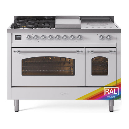 ILVE Nostalgie II 48-Inch Dual Fuel Range with 5 Sealed Burners + Griddle + French Top, 5.02 cu. ft. Oven, RAL with Chrome Trim, Natural Gas, Triple Glass Door, UP48FSNMPRAC