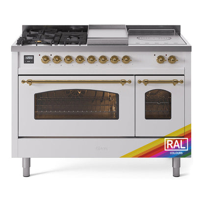 ILVE Nostalgie II 48-Inch Dual Fuel Range with 5 Sealed Burners + Griddle + French Top, 5.02 cu. ft. Oven, RAL with Brass Trim, Liquid Propane, Triple Glass Door, UP48FSNMPRAGLP