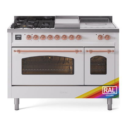 ILVE Nostalgie II 48-Inch Dual Fuel Range with 5 Sealed Burners + Griddle + French Top, 5.02 cu. ft. Oven, RAL with Copper Trim, Natural Gas, Triple Glass Door, UP48FSNMPRAP