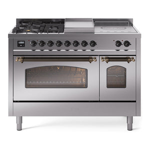 ILVE Nostalgie II 48-Inch Dual Fuel Range with 5 Sealed Burners + Griddle + French Top, 5.02 cu. ft. Oven, Stainless Steel with Burnished Trim, Liquid Propane, Triple Glass Door, UP48FSNMPSSBLP