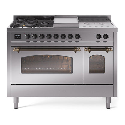 ILVE Nostalgie II 48-Inch Dual Fuel Range with 5 Sealed Burners + Griddle + French Top, 5.02 cu. ft. Oven, Stainless Steel with Burnished Trim, Liquid Propane, Triple Glass Door, UP48FSNMPSSBLP