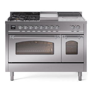 ILVE Nostalgie II 48-Inch Dual Fuel Range with 5 Sealed Burners + Griddle + French Top, 5.02 cu. ft. Oven, Stainless Steel with Chrome Trim, Liquid Propane, Triple Glass Door, UP48FSNMPSSCLP