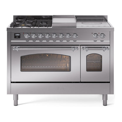 ILVE Nostalgie II 48-Inch Dual Fuel Range with 5 Sealed Burners + Griddle + French Top, 5.02 cu. ft. Oven, Stainless Steel with Chrome Trim, Liquid Propane, Triple Glass Door, UP48FSNMPSSCLP