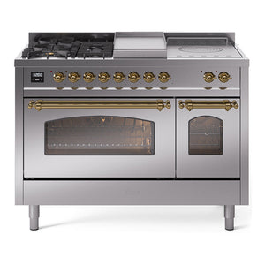 ILVE Nostalgie II 48-Inch Dual Fuel Range with 5 Sealed Burners + Griddle + French Top, 5.02 cu. ft. Oven, Stainless Steel with Brass Trim, Natural Gas, Triple Glass Door, UP48FSNMPSSG
