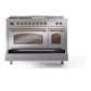 ILVE Nostalgie II 48-Inch Dual Fuel Range with 5 Sealed Burners + Griddle + French Top, 5.02 cu. ft. Oven, Stainless Steel with Brass Trim, Natural Gas, Triple Glass Door, UP48FSNMPSSG