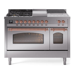 ILVE Nostalgie II 48-Inch Dual Fuel Range with 5 Sealed Burners + Griddle + French Top, 5.02 cu. ft. Oven, Stainless Steel with Copper Trim, Natural Gas, Triple Glass Door, UP48FSNMPSSP