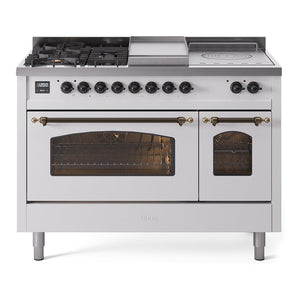 ILVE Nostalgie II 48-Inch Dual Fuel Range with 5 Sealed Burners + Griddle + French Top, 5.02 cu. ft. Oven, White with Burnished Trim, Liquid Propane, Triple Glass Door, UP48FSNMPWHBLP