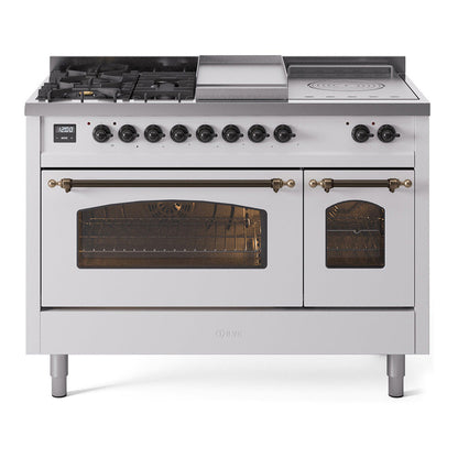 ILVE Nostalgie II 48-Inch Dual Fuel Range with 5 Sealed Burners + Griddle + French Top, 5.02 cu. ft. Oven, White with Burnished Trim, Liquid Propane, Triple Glass Door, UP48FSNMPWHBLP