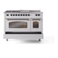 ILVE Nostalgie II 48-Inch Dual Fuel Range with 5 Sealed Burners + Griddle + French Top, 5.02 cu. ft. Oven, White with Burnished Trim, Liquid Propane, Triple Glass Door, UP48FSNMPWHBLP
