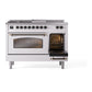 ILVE Nostalgie II 48-Inch Dual Fuel Range with 5 Sealed Burners + Griddle + French Top, 5.02 cu. ft. Oven, White with Burnished Trim, Natural Gas, Triple Glass Door, UP48FSNMPWHB
