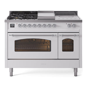 ILVE Nostalgie II 48-Inch Dual Fuel Range with 5 Sealed Burners + Griddle + French Top, 5.02 cu. ft. Oven, White with Chrome Trim, Liquid Propane, Triple Glass Door, UP48FSNMPWHCLP