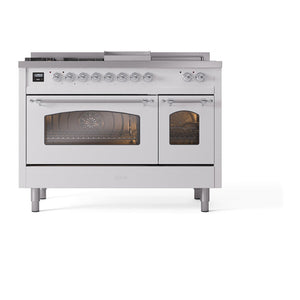 ILVE Nostalgie II 48-Inch Dual Fuel Range with 5 Sealed Burners + Griddle + French Top, 5.02 cu. ft. Oven, White with Chrome Trim, Liquid Propane, Triple Glass Door, UP48FSNMPWHCLP