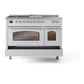 ILVE Nostalgie II 48-Inch Dual Fuel Range with 5 Sealed Burners + Griddle + French Top, 5.02 cu. ft. Oven, White with Chrome Trim, Natural Gas, Triple Glass Door, UP48FSNMPWHC