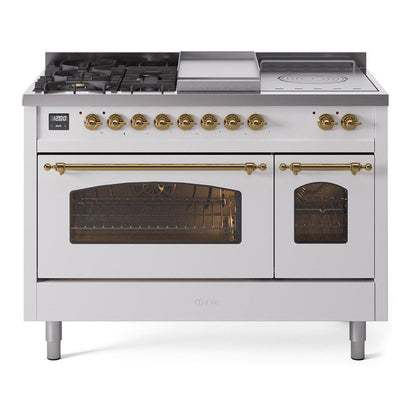 ILVE Nostalgie II 48-Inch Dual Fuel Range with 5 Sealed Burners + Griddle + French Top, 5.02 cu. ft. Oven, White with Brass Trim, Liquid Propane, Triple Glass Door, UP48FSNMPWHGLP