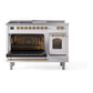 ILVE Nostalgie II 48-Inch Dual Fuel Range with 5 Sealed Burners + Griddle + French Top, 5.02 cu. ft. Oven, White with Brass Trim, Liquid Propane, Triple Glass Door, UP48FSNMPWHGLP