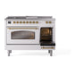 ILVE Nostalgie II 48-Inch Dual Fuel Range with 5 Sealed Burners + Griddle + French Top, 5.02 cu. ft. Oven, White with Brass Trim, Liquid Propane, Triple Glass Door, UP48FSNMPWHGLP