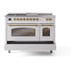 ILVE Nostalgie II 48-Inch Dual Fuel Range with 5 Sealed Burners + Griddle + French Top, 5.02 cu. ft. Oven, White with Brass Trim, Liquid Propane, Triple Glass Door, UP48FSNMPWHGLP