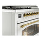 ILVE Nostalgie II 48-Inch Dual Fuel Range with 5 Sealed Burners + Griddle + French Top, 5.02 cu. ft. Oven, White with Brass Trim, Natural Gas, Triple Glass Door, UP48FSNMPWHG